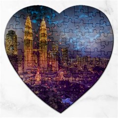 City Lights Skyline Buildings Jigsaw Puzzle (heart) by Wegoenart