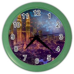 City Lights Skyline Buildings Color Wall Clock by Wegoenart