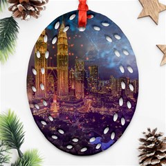 City Lights Skyline Buildings Oval Filigree Ornament (two Sides) by Wegoenart