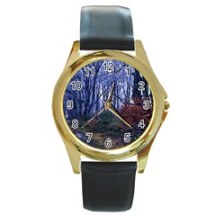 Forest Beeches Way Winter Snow Round Gold Metal Watch by Wegoenart