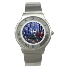 Forest Beeches Way Winter Snow Stainless Steel Watch by Wegoenart