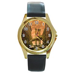 Architecture Buildings City Bridge Round Gold Metal Watch by Wegoenart