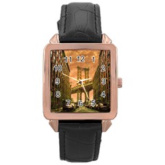 Architecture Buildings City Bridge Rose Gold Leather Watch  by Wegoenart