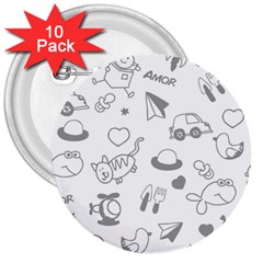 Children Drawings Baby Fish Cat 3  Buttons (10 Pack)  by Wegoenart