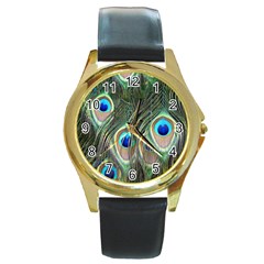 Peacock Feathers Peacock Bird Round Gold Metal Watch