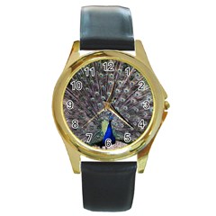 Peacock Bird Feather Plumage Green Round Gold Metal Watch by Wegoenart