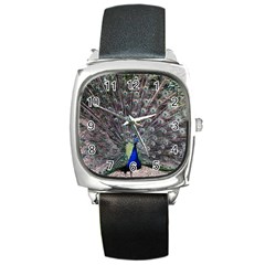 Peacock Bird Feather Plumage Green Square Metal Watch by Wegoenart