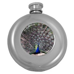 Peacock Bird Feather Plumage Green Round Hip Flask (5 Oz) by Wegoenart