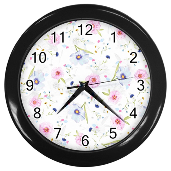 Pink blue flowers pattern                        Wall Clock (Black)