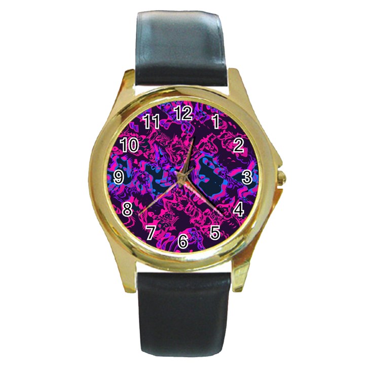 Pink blue abstract texture                        Round Gold Metal Watch