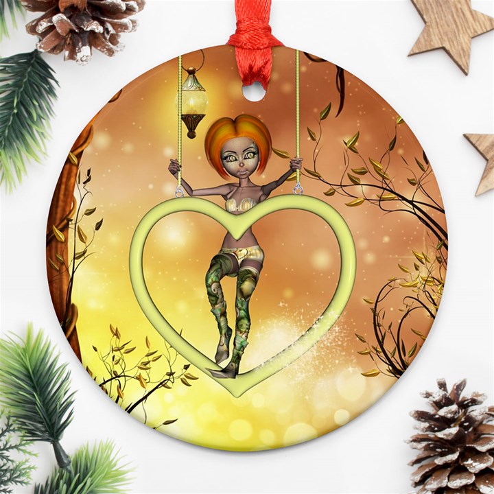 Cute Fairy  On A Swing Made By A Heart Ornament (Round)