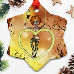 Cute Fairy  On A Swing Made By A Heart Snowflake Ornament (two Sides) by FantasyWorld7