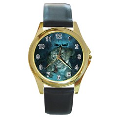 Aweome Troll With Skulls In The Night Round Gold Metal Watch by FantasyWorld7