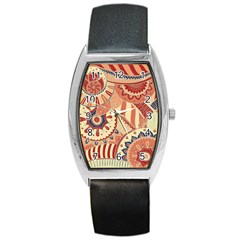 Pop Art Paisley Flowers Ornaments Multicolored 4 Background Solid Dark Red Barrel Style Metal Watch by EDDArt