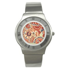 Pop Art Paisley Flowers Ornaments Multicolored 4 Background Solid Dark Red Stainless Steel Watch by EDDArt