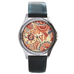 Pop Art Paisley Flowers Ornaments Multicolored 4 Background Solid Dark Red Round Metal Watch by EDDArt