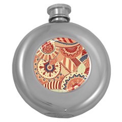 Pop Art Paisley Flowers Ornaments Multicolored 4 Background Solid Dark Red Round Hip Flask (5 Oz) by EDDArt