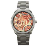 Pop Art Paisley Flowers Ornaments Multicolored 4 Background Solid Dark Red Sport Metal Watch Front