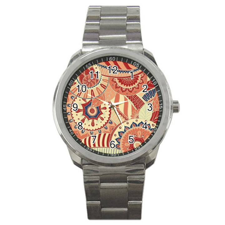 Pop Art Paisley Flowers Ornaments Multicolored 4 Background Solid Dark Red Sport Metal Watch