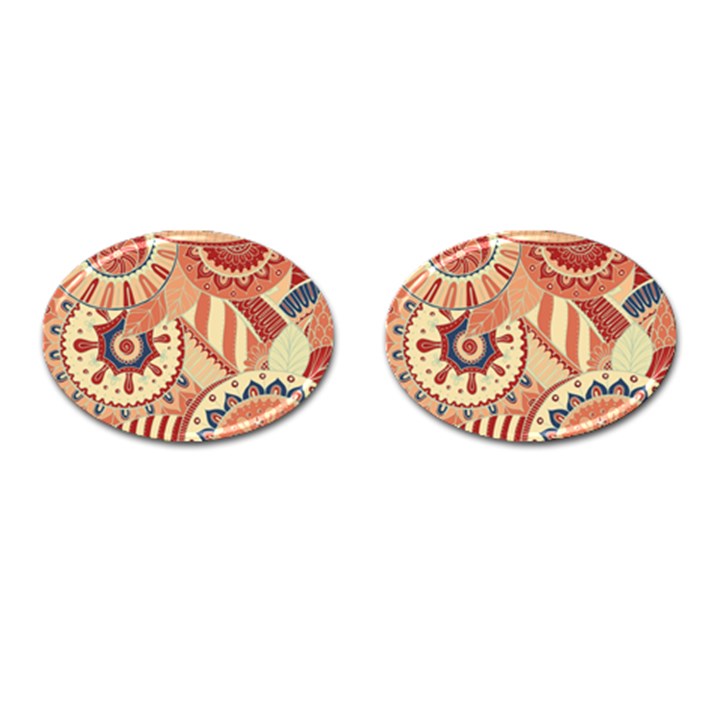 Pop Art Paisley Flowers Ornaments Multicolored 4 Background Solid Dark Red Cufflinks (Oval)