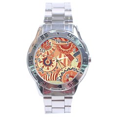 Pop Art Paisley Flowers Ornaments Multicolored 4 Background Solid Dark Red Stainless Steel Analogue Watch by EDDArt