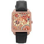 Pop Art Paisley Flowers Ornaments Multicolored 4 Background Solid Dark Red Rose Gold Leather Watch  Front