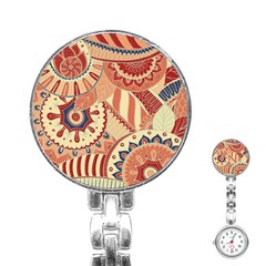 Pop Art Paisley Flowers Ornaments Multicolored 4 Background Solid Dark Red Stainless Steel Nurses Watch