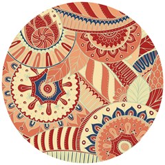 Pop Art Paisley Flowers Ornaments Multicolored 4 Background Solid Dark Red Wooden Puzzle Round