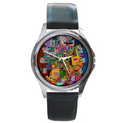 Modern Geometric Art   Dancing In The City Background Solid Dark Blue Round Metal Watch by EDDArt