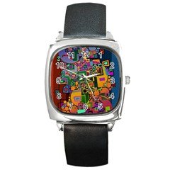 Modern Geometric Art   Dancing In The City Background Solid Dark Blue Square Metal Watch by EDDArt