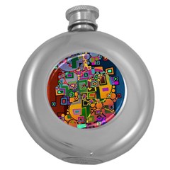 Modern Geometric Art   Dancing In The City Background Solid Dark Blue Round Hip Flask (5 Oz) by EDDArt