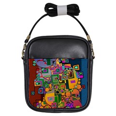 Modern Geometric Art   Dancing In The City Background Solid Dark Blue Girls Sling Bag by EDDArt