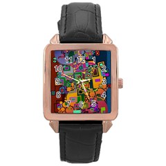 Modern Geometric Art   Dancing In The City Background Solid Dark Blue Rose Gold Leather Watch  by EDDArt