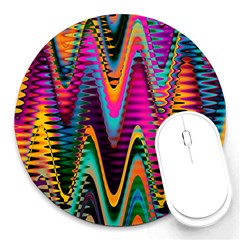 Multicolored Wave Distortion Zigzag Chevrons 2 Background Color Solid Black Round Mousepads by EDDArt