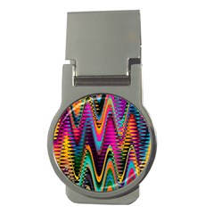 Multicolored Wave Distortion Zigzag Chevrons 2 Background Color Solid Black Money Clips (round)  by EDDArt