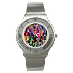 Multicolored Wave Distortion Zigzag Chevrons 2 Background Color Solid Black Stainless Steel Watch by EDDArt