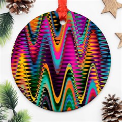 Multicolored Wave Distortion Zigzag Chevrons 2 Background Color Solid Black Round Ornament (two Sides) by EDDArt