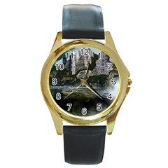 Sea Island Castle Landscape Round Gold Metal Watch