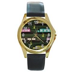 Narrow Boats Scene Pattern Round Gold Metal Watch by Pakrebo