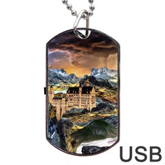 Castle Fantasy Landscape Stormy Dog Tag Usb Flash (two Sides) by Pakrebo