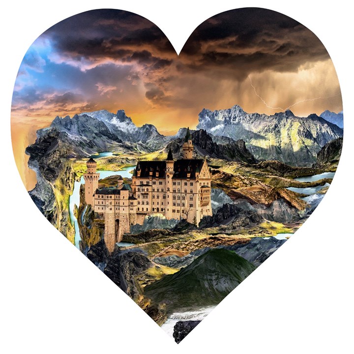 Castle Fantasy Landscape Stormy Wooden Puzzle Heart