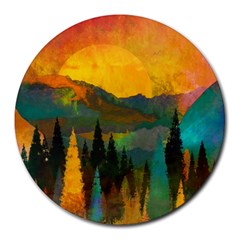 Trees Mountains Sun Sunrise Warm Round Mousepads by Pakrebo