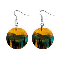 Trees Mountains Sun Sunrise Warm Mini Button Earrings by Pakrebo