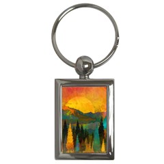 Trees Mountains Sun Sunrise Warm Key Chain (rectangle) by Pakrebo