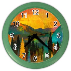 Trees Mountains Sun Sunrise Warm Color Wall Clock by Pakrebo