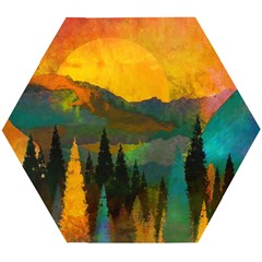 Trees Mountains Sun Sunrise Warm Wooden Puzzle Hexagon