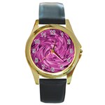 Strudel Magenta Pattern Art Spiral Round Gold Metal Watch Front