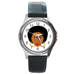 African American Woman With ?urly Hair Round Metal Watch by bumblebamboo