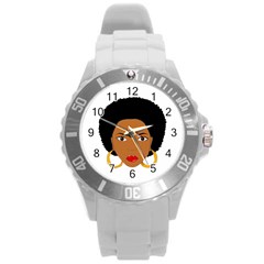 African American Woman With ?urly Hair Round Plastic Sport Watch (l) by bumblebamboo