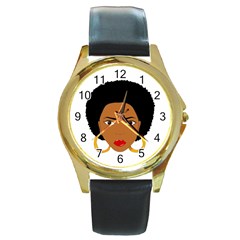 African American Woman With ?urly Hair Round Gold Metal Watch by bumblebamboo